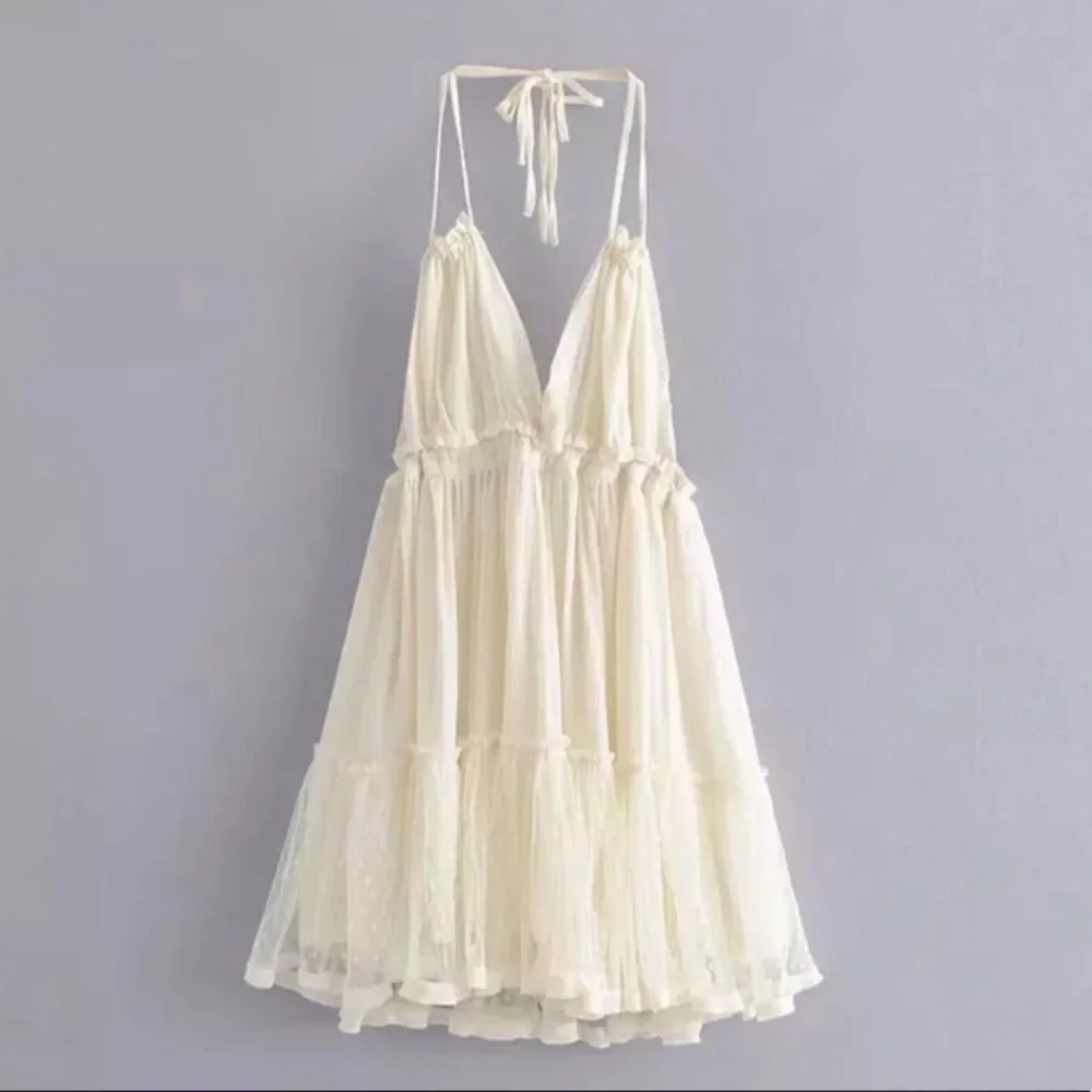 SOLD OUT Ivory Swiss Dot Mesh Boho Halter Mini Dress - Picture 6 of 6